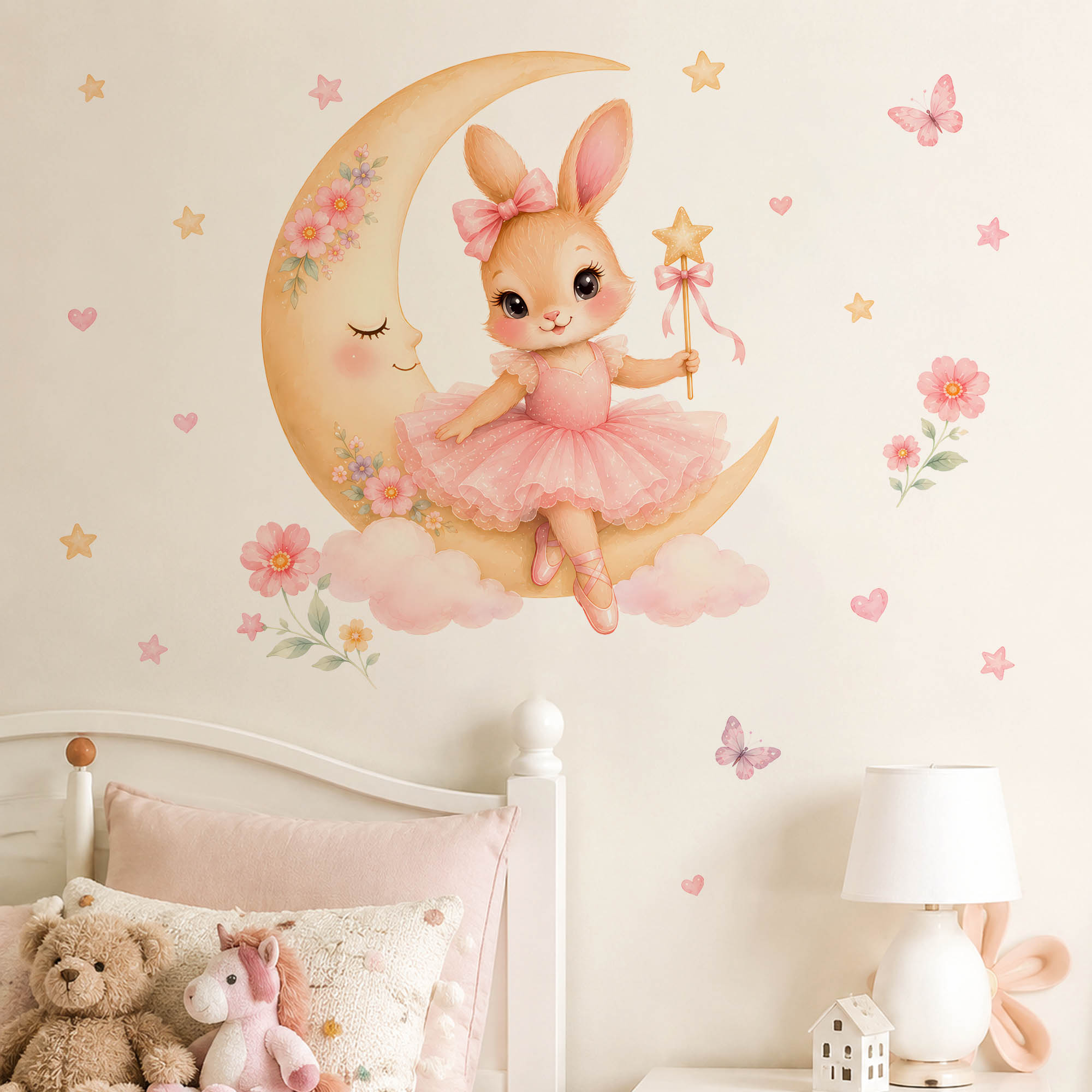 Baby Girl Nursery Quotes - Naklejki ścienne akwarelowe: Balerina Króliczek Księżyc,