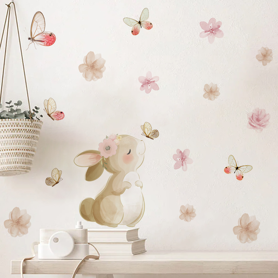 Cartoon Rabbit Flowers Butterf – Baby Nursery Decor Girl recenzja i cena
